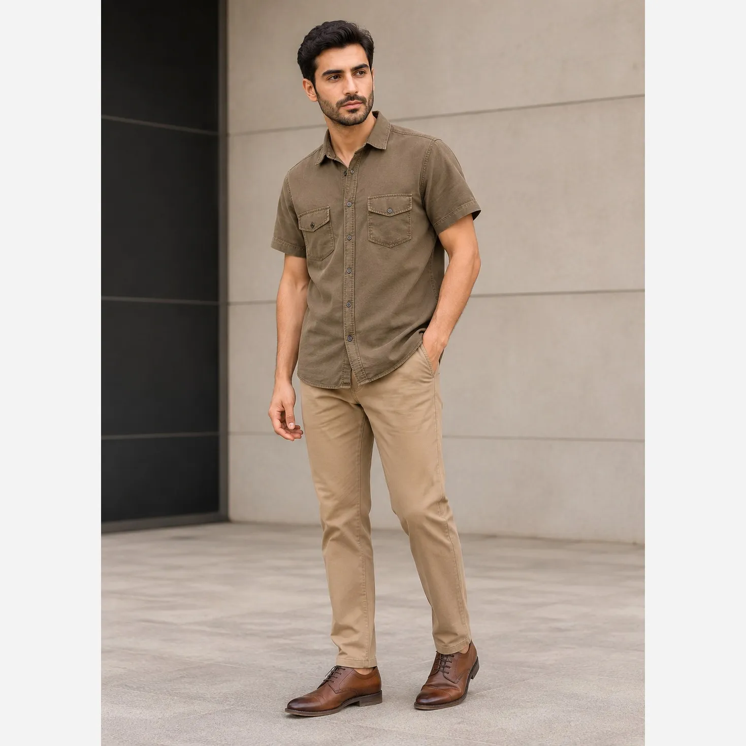 پیراهن کتان مردانه آستین کوتاه قواره آزاد سنگ شور شده