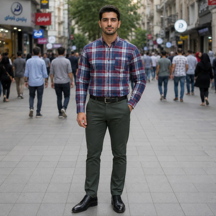 پیراهن آستین بلند مردانه نخی چهارخانه قواره آزاد جنس نخ پنبه