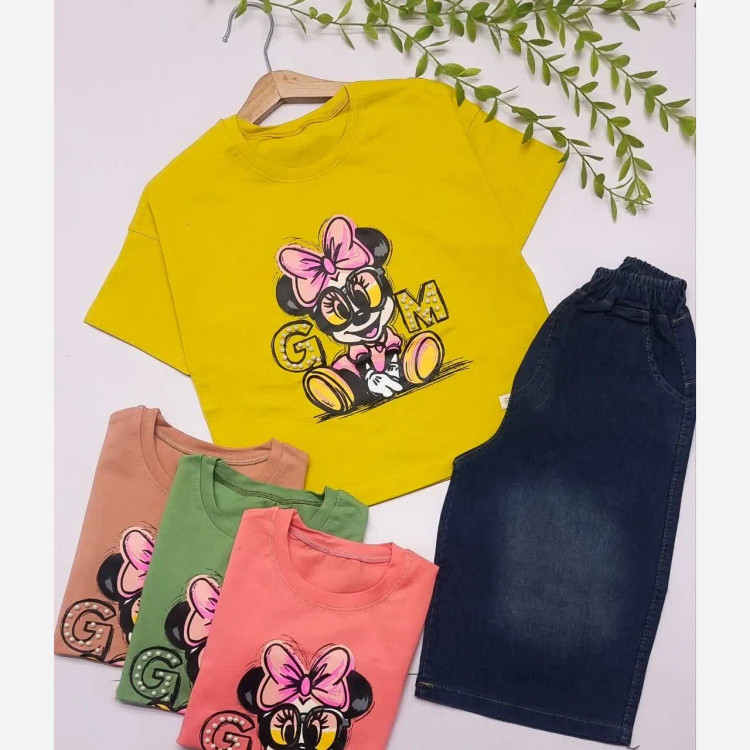ست تیشرت و شلوارک جین دخترانه مرواریددوزی شده سایز 35 تا 50