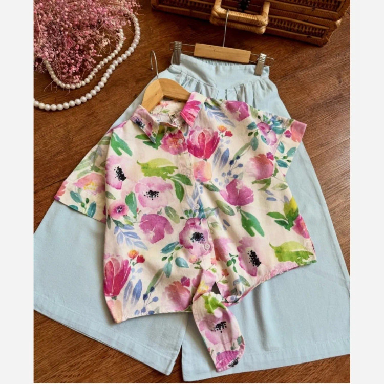 ست شومیز گره ای و دامن شلواری لینن دخترانه تابستانه مناسب 6 تا 14 سال