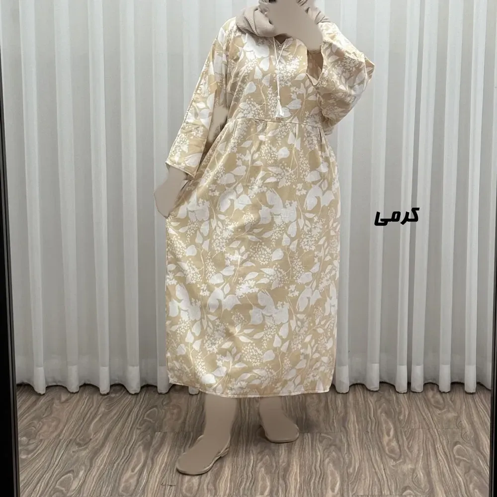 پیراهن ساحلی زنانه لینن طرحدار فری سایز مناسب تا سایز 50 با کمربند