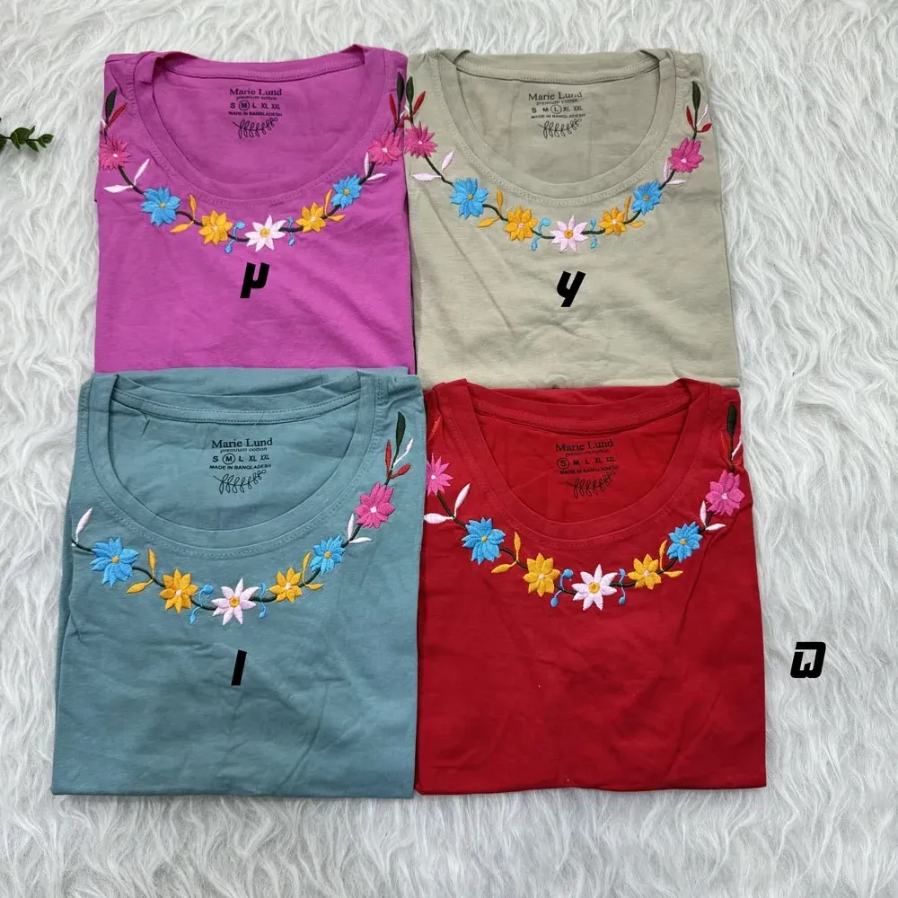 تیشرت نخ پنبه گلدوزی سایز S، M، L، XL و XXL مناسب خانمها و دختران