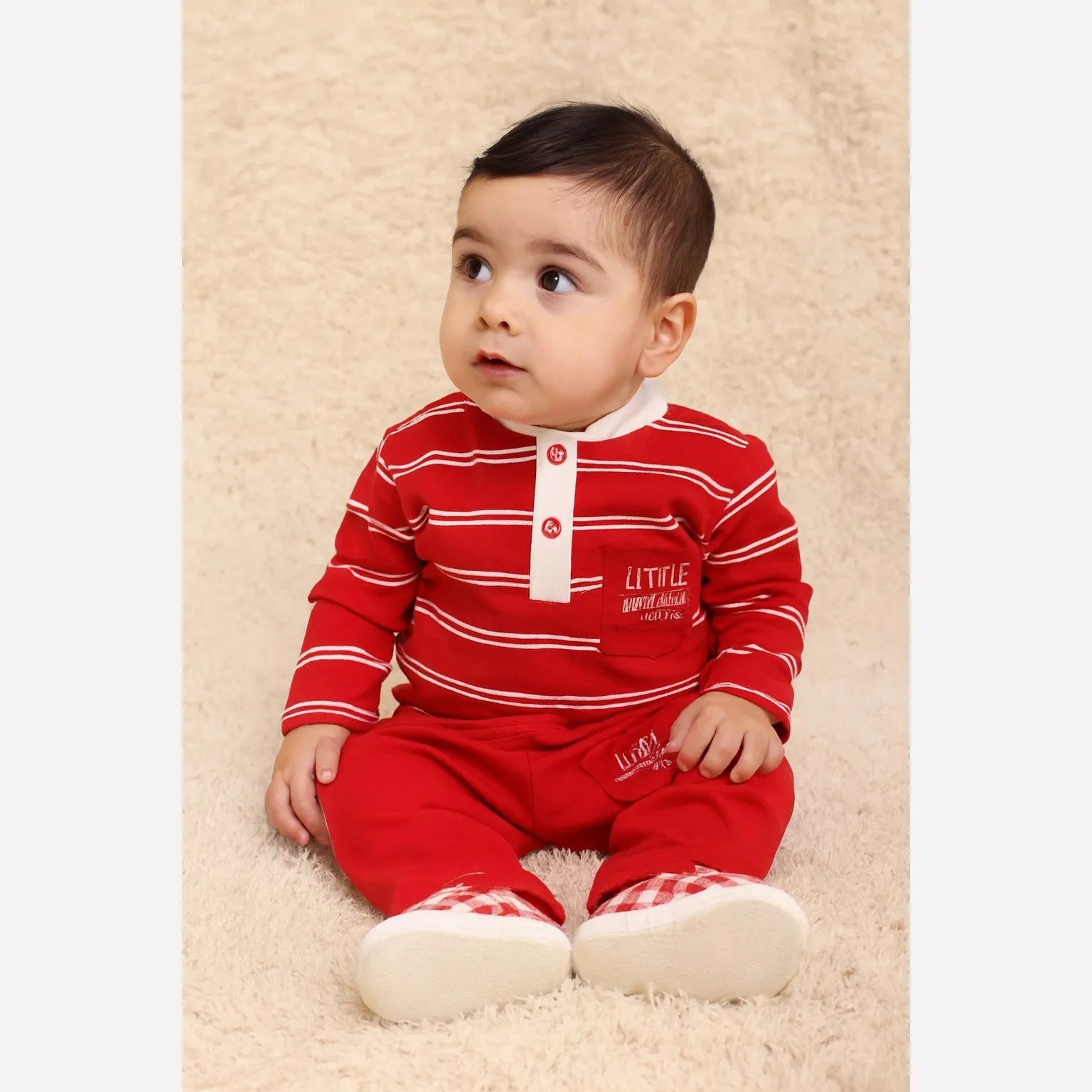 بلوز شلوار نوزادی پسرانه ست یلدایی لیتل من جنس پنبه لطیف یقه دکمه خور