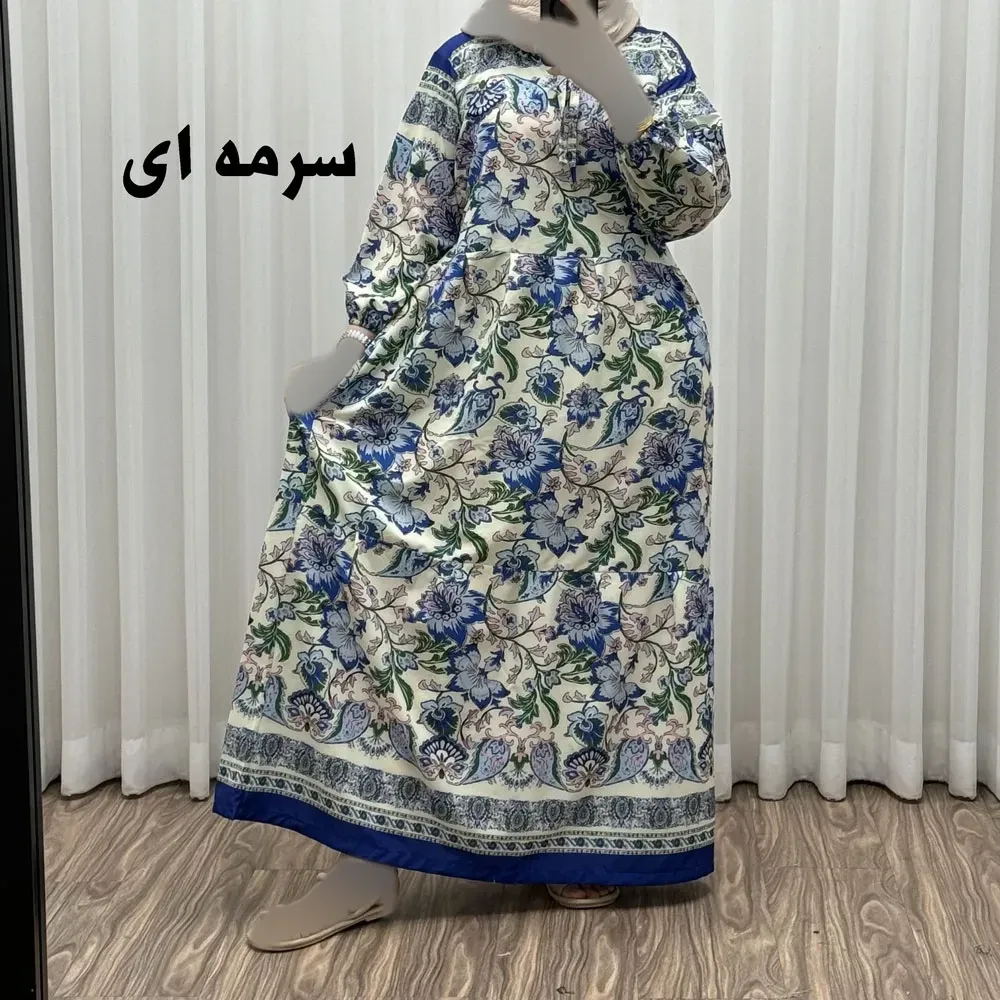 پیراهن فلور بوگاتی حاشیه دار نخی فری سایز تا 50 بنددار چهارفصل زنانه شیک