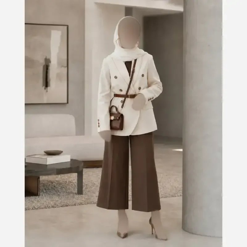 کت و شلوار زنانه کرپ مازراتی رنگ قهوه ای مدل مارال