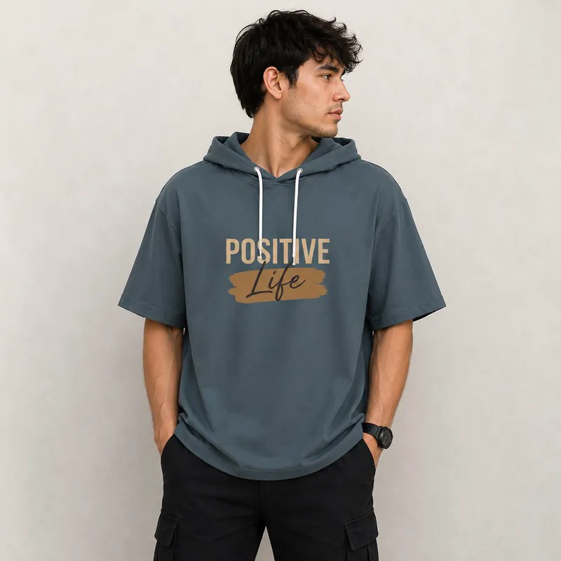 تی شرت مردانه کلاه دار پنبه ای طرح حروف مدل positive