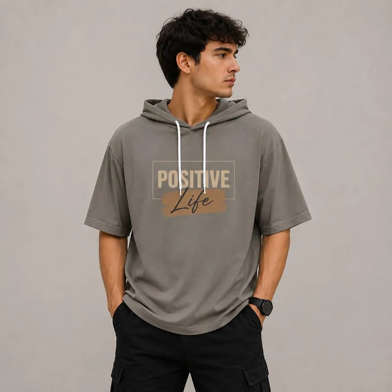 تی شرت مردانه کلاه دار پنبه ای طرح حروف مدل positive