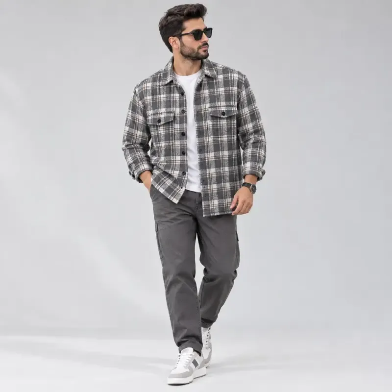 شکت پشمی مردانه چهارخونه پاییزه طوسی سایز 2XL و 3XL