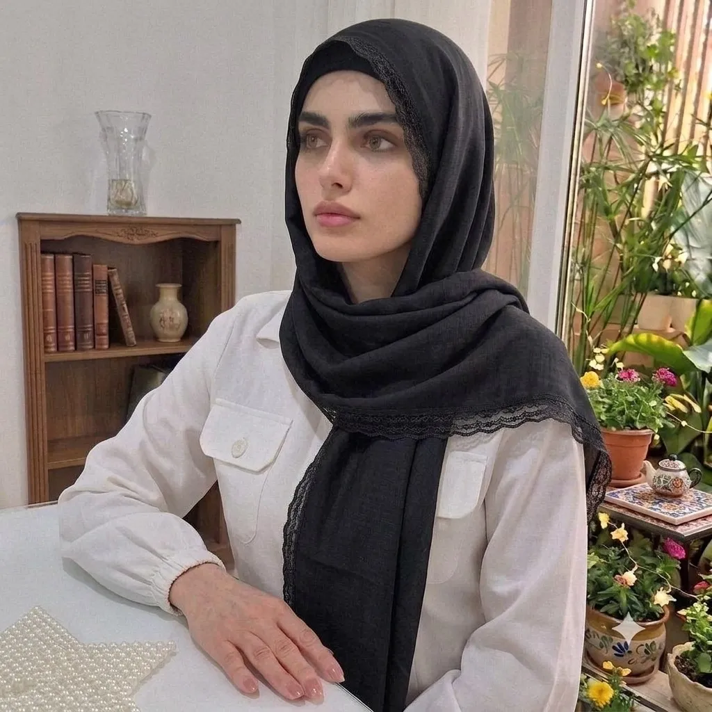 شال وال اسلپ مشکی سرمه ای نسکافه ای دور گیپور سایز 170 در 70 و 52 زنانه